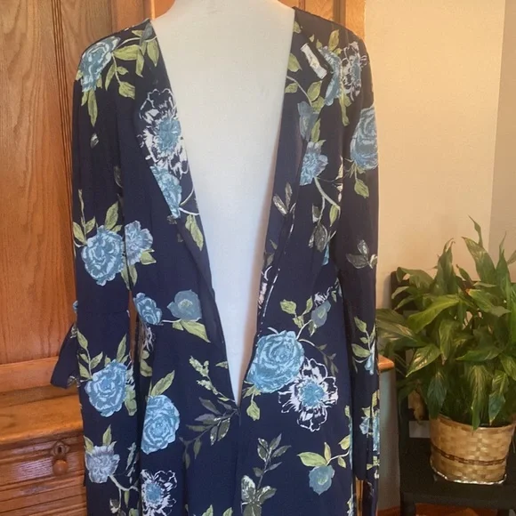 Maurices Floral Mini Dress - Blue and Green boho trumpet sleeves navy sage XL - Picture 15 of 16